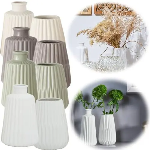 Produktbild: LS-LebenStil Exklusive Blumenvase Oslo 2´er Set Creme Weiß 17x9cm Keramik Nordic Tisch-Vase Pampasgras Keramikvase für Wohnzimmer Schlafzimmer Esstisch Boho Nordic skandinavischer Stil