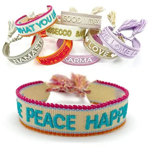 Produktbild: LS-LebenStil Exklusives Statement Armband Quasten besticktes Boho Canvas Webarmband (Love Peace Happiness Türkis)