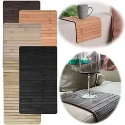 Produktbild: LS-LebenStil Holz Sofatablett 44x24cm Schwarz Flexibles Couch-Tablett Armlehnen-Ablage Unterlage
