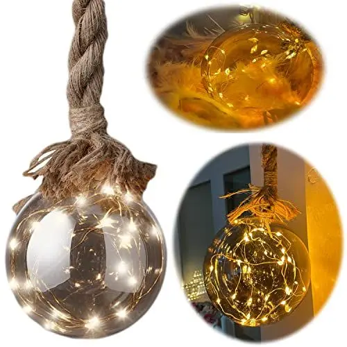 Produktbild: LS-LebenStil XL LED Glas Kugel 14cm 30 Lichter Deko Hanf-Tau Timer WarmWeiß Batterie 80cm Seil