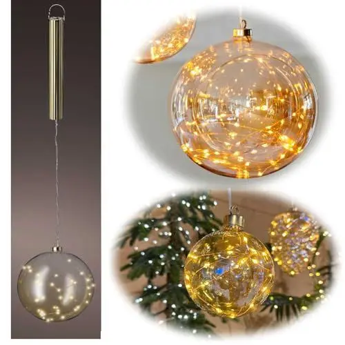 Produktbild: LS-LebenStil XXL Deko Glas Licht-Kugel 40 LED 20cm Timer Batterie-Fach Gold zum Anhängen