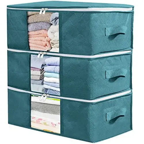 Produktbild: LSNDEE Aufbewahrungsbox Kleidung Faltbar, Unterbett Aufbewahrungstasche Stoff, Aufbewahrungskiste Für Bettdecken und Kissen, Kleider Organizer, Aufbewahrung von Kleidung, 3 Pack (Blau)