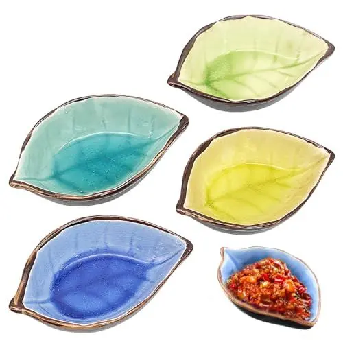 Produktbild: LTHERMELK 4 Stück Mini Dipschalen Blattförmige Keramikschale, Mini Schälchen Saucenschalen, Porzellan Dessertschalen Dipschalen, für Snack Sushi Sojasauce Saucen Gewürzen Frucht Snacks(4 Farben)