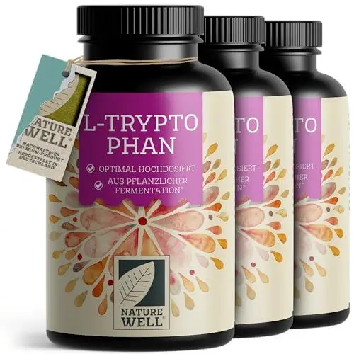 Produktbild: L-Tryptophan hochdosiert - 900x L-Tryptophan Kapseln - 500mg L-Tryptophan je Kapsel - veganes L-Tryptophan aus Fermentation - laborgeprüft, ohne unerwünschte Zusätze, vegan - 3x300 Kapseln