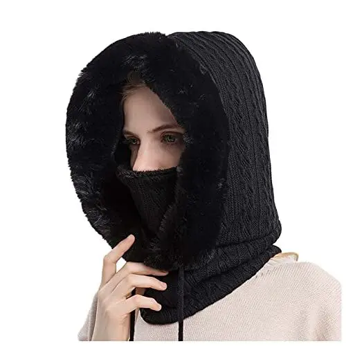 Produktbild: LTWOTEJNG Mütze Damen Herren Slouch Beanie Mütze Cold-Proof Lätzchen Hut-Cold-Proof Maskenhut Skihauben-Kopfbedeckung Grobstrick Warme Beanie (Black, One Size)