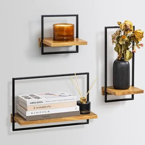 Produktbild: LUA TREND 3 Teiliges Set-Eiche Regale für Wände | Wanddeko aus Metall und Echtholz-Veneer | Japandi Style | wanddeko Wohnzimmer | wandregal küche | wanddeko Schlafzimmer | Wand Regal (Eiche)