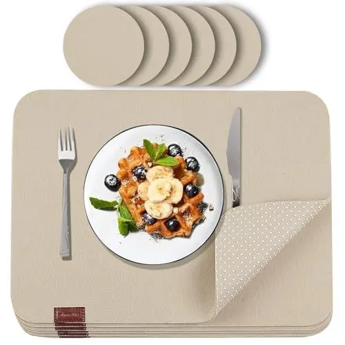 Produktbild: Luana Rose Platzsets aus Filz 12er Set in Anthrazit - Tischset abwischbar - 44x32 cm Filzuntersetzer - Hochwertige Platzdeckchen abwaschbar in Beige - Tischuntersetzer Platzset + Glas Untersetzer-Set