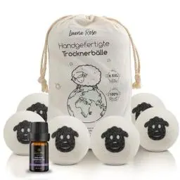 Produktbild: Luana Rose Trocknerbälle für Wäschetrockner | 6er set +1 ätherisches Öl | Trockner Bälle aus 100% reiner Schafwolle | Wool dryer balls für Daunen | Weiß
