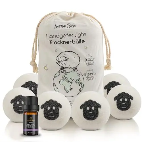 Produktbild: Luana Rose Trocknerbälle für Wäschetrockner | 6er set +1 ätherisches Öl | Trockner Bälle aus 100% reiner Schafwolle | Wool dryer balls für Daunen | Weiß