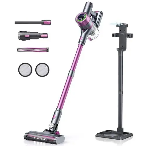 Produktbild: Lubluelu Akku Staubsauger mit Smart Touchscreen, Automatische Sauganpassung VD-Mate40Z-EU, 25000Pa Akkustaubsauger Kabellos mit 50Min Laufzeit, Ladestation & Halterung 2 in 1, Rosa-violett, 66 Dezibel