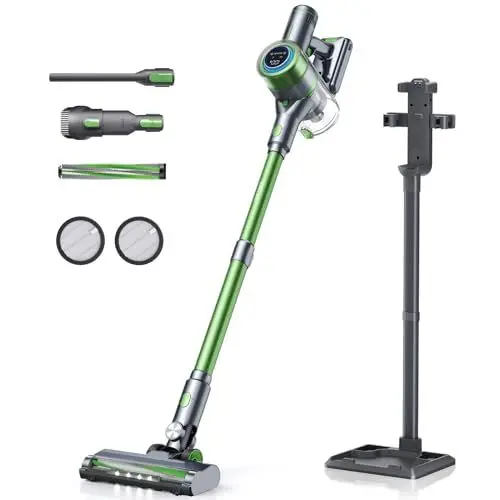 Produktbild: Lubluelu Staubsauger Kabellos | 25000Pa Akku Staubsauger | Akkustaubsauger mit Smart Touchscreen | 50Min Laufzeit | Ladestation & Halterung 2 in 1 | Automatische Sauganpassung für Tierhaare & Teppich, Grün