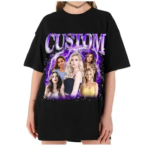 Produktbild: LucBuy Personalisierte T-Shirts, Individuelles Retro Bootleg Rap Sweatshirt mit Gesichts Fotos Text in Übergröße, Lässiger Rundhalsausschnitt überschnittene Schultern lockere Hoodies Geschenke (A3)