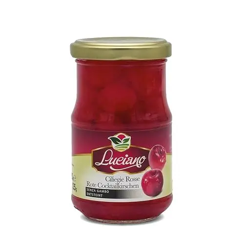 Produktbild: Luciano Cocktail-Kirschen o. Stiel 125 g - Maraschino Cocktailkirsche ohne Kern, Sauerkirschen im Glas ohne Stiel, eingelegt in Sirup