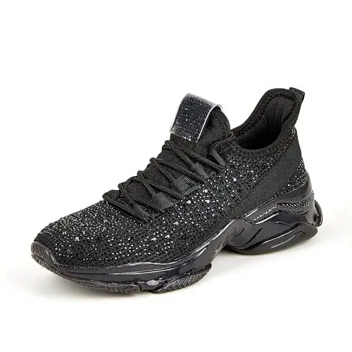 Produktbild: LUCK STEP Damen Strass Slip On Walking Schuhe Mode Atmungsaktiv Sparkle Glitter Sneaker (Schwarz, 7US-37EU-4UK)
