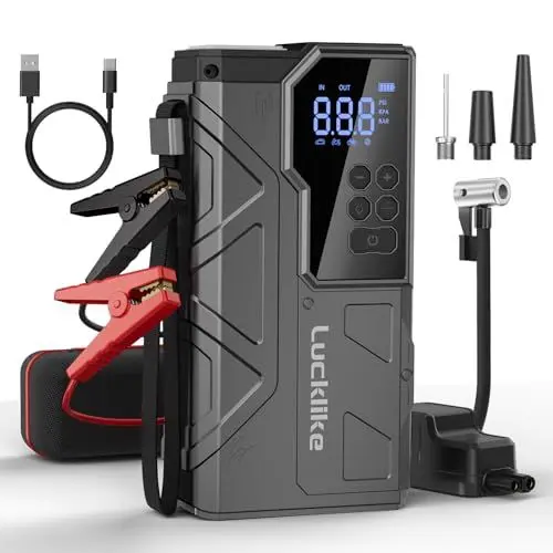 Produktbild: Lucklike Starthilfe Powerbank mit Luftkompressor,4000A Auto Starthilfe mit LED-Taschenlampe,Autobatterie Booster für 10.0l und 8.0L Dieselmotor,Auto Starthilfe Powerbank für SUV Motorrad Rasenmäher