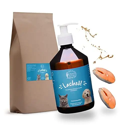 Produktbild: Lucky Bones®-Lachsöl für Hunde und Katzen (500 ml) in praktischem Pumpspender, ohne Zusätze