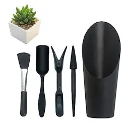 Produktbild: LuckyOpt 5 Stück Mini Gartenwerkzeug mit Reinigungsbürste, Sukkulenten Garten Werkzeug für Garten und Haus Bepflanzung, Indoor-und Outdoor-Pflanzenpflege (Schwarz)