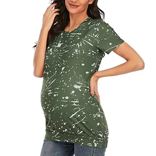 Produktbild: Luckywaqng Damen Rundhals Kurzarm Umstandsoberteile Shirts Floral Mama Schwangerschaft Blusen Kleidung Bügelfreie Blusen Damen Kurzarm (Green, L)