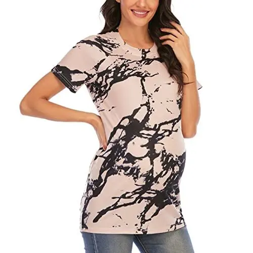 Produktbild: Luckywaqng Damen Rundhals Kurzarm Umstandsoberteile Shirts Floral Mama Schwangerschaft Blusen Kleidung Dirndl 44/46 (Khaki, M)