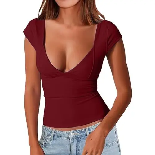 Produktbild: Luckywaqng Damen T-Shirt mit V-Ausschnitt, sexy, schmale Passform, Bauchfreies Top, trendiges Top Hemdchen Damen (Z1-RD1, XL)