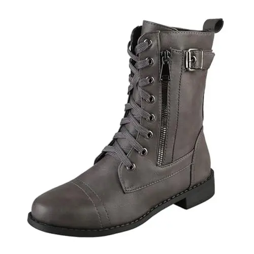 Produktbild: Luckywaqng Damenstiefel mit Schnürung vorne, einfarbig, seitlichem Reißverschluss, niedrigem Absatz, flach, große Größe, mittelhohe Stiefel Latex 46 (Grey, 36)
