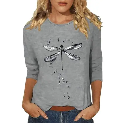 Produktbild: Luckywaqng Lässiges Halloween-T-Shirt mit 3/4-Ärmeln und Rundhalsausschnitt für Damen, Leoparden-Shirts, Thanksgiving-Tops Kleid Bauchfrei (Grey, L)