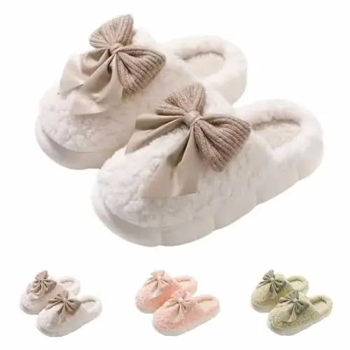 Produktbild: Clogs Schuhe mit Flauschiger Schleife, Winter, Elegante, gemütliche Plüsch-Hausschuhe mit Kunstfell-Innenfutter, Geschenk für Frauen Bettschuhe Damen Warm (White, 36-37)