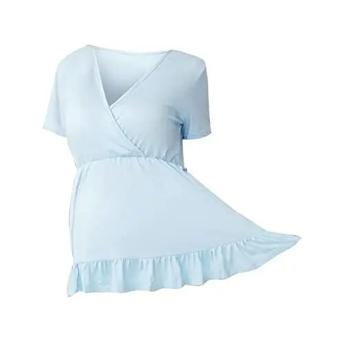 Produktbild: Luckywaqng Schwangere Frauen Reinfarbige Plissee Kurzarm Rüschen Stillhemd Stillen Schwangere Kleidung Wickelbluse Damen 44 (Blue, S)