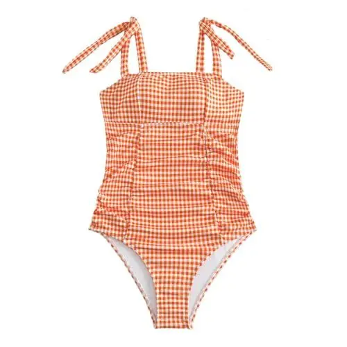 Produktbild: Luckywaqng Umstands-Badeanzug, 1-teilig, mit Schnürung, plissiert, Gingham-Druck, Damen-Strandmode Islamischer Badeanzug Damen (Orange, L)