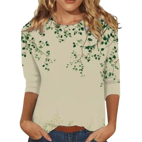 Produktbild: Luckywaqng Womens 3/4 Sleeve Tops 2025 Spring Print Round Neck Shirts Loose Fit Three Quarter Sleeve Tshirts Farming Simulator 19 (Green, L)