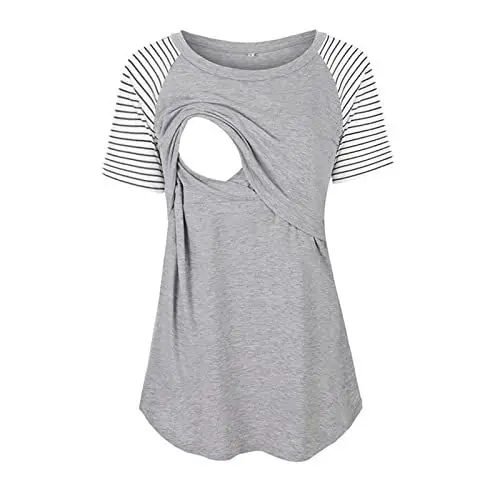Produktbild: Luckywaqng Zum Stillen Gestreifter Druck Lange Damen Ärmel Umstandsoberteile T-Shirt Still Umstandsbluse Umstandskleid Strick (Grey, L)