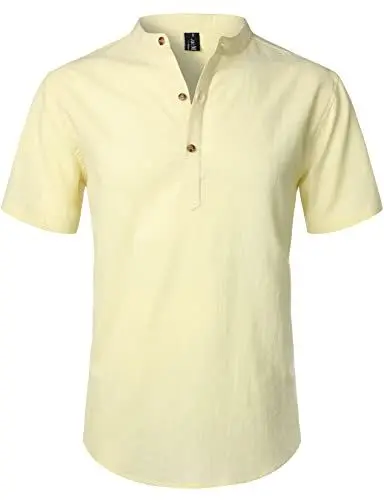 Produktbild: LucMatton Sommerhemd Herren, aus Baumwolle, Leinen, Kurzarm, casual Henley-Hemd, leichte Sommer-Oberbekleidung für den Strand, mit Stehkragen, Beige Gelb, M