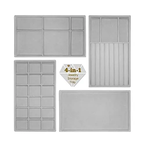 Produktbild: LucyStudio Schmucktabletts für Schubladen Set mit 4 Samt-Schmucktabletts Schmucktablett Organizer Set Samtstapeln Schmuckschubladen Organizer für Schmuck Ohrringe Halsketten Armbänder Ringe