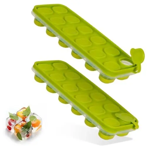 Produktbild: Ludvics Eiswürfelform mit Deckel | 2er Pack | Silikonboden | LFGB-Zertifiziert & BPA-Frei | Ideal für Babybrei, Shots und Cocktails | stapelbar | gesunde & frische Eiswürfel (Grün)