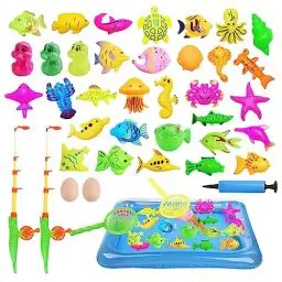 Produktbild: LUFEIS Angeln Spielzeug, 41PCS Angelspiel für Kinder Wasser,Magnet Angelspiel für Kinder ab 3 Jahre,Baby Badespielzeug Wasserspielzeug mit Angeln und Aufblasbarer Fischteich Angeln Geschenk fürKinder