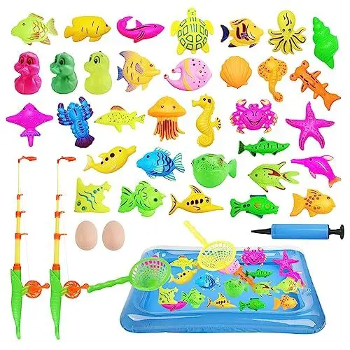 Produktbild: LUFEIS Angeln Spielzeug, 41PCS Angelspiel für Kinder Wasser,Magnet Angelspiel für Kinder ab 3 Jahre,Baby Badespielzeug Wasserspielzeug mit Angeln und Aufblasbarer Fischteich Angeln Geschenk fürKinder