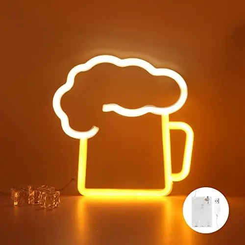 Produktbild: LUFEIS LED Leuchtreklame Bier, LED Neonlicht Zeichen Licht, Neonlicht 3D Wanddeko, Batterie Oder USB Powered Weißes Gelbes Neonschild für Bar Pub Nachtclub Store Weihnachten Festival Party Sign