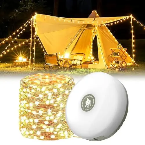 Produktbild: LUFEIS Tragbare Camping Lichterkette, 2-in-1 Campinglampe LED, Lichterkette Campingleuchte, Einziehbare LED Zeltleuchte, USB Wiederaufladbare Outdoor-Lichterkette für Hof, Garten und Wandern (Warm)