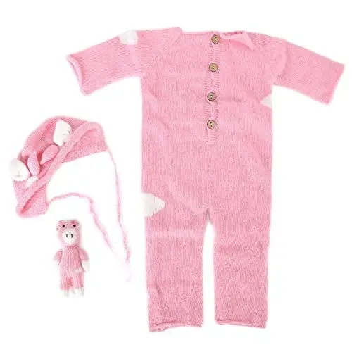 Produktbild: Lufodon Neugeborenen-Fotografie-Requisiten-Set aus weichem Strick-Strampler, Mütze und Babyspielzeug für Studio-Sessions (Rosa)