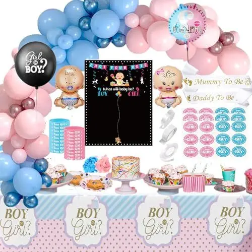 Produktbild: Luftballon Gender Reveal Party Deko mit Tischtuch und Abstimmung Poster, Babyparty Deko Girl Or Boy Geschlecht Offenbaren Ballon Mit Team Boy Team Girl Konfetti, Boy Or Girl Deko für Baby Shower