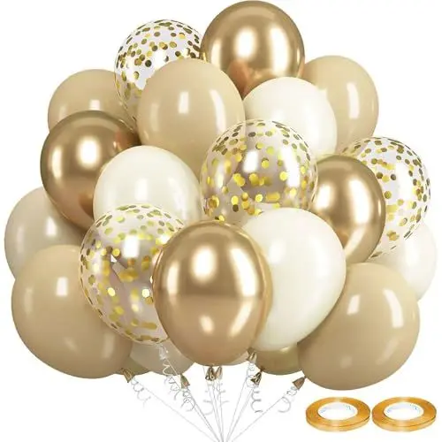 Produktbild: Luftballons Beige weiß Gold, 60 Stück Ballons Beige Weiß Champagner Gold Helium Luftballons mit Gold Konfetti Ballons, 2 Rollen Champagner Gold Band Luftballons Hochzeit für Hochzeit Party Dekoration