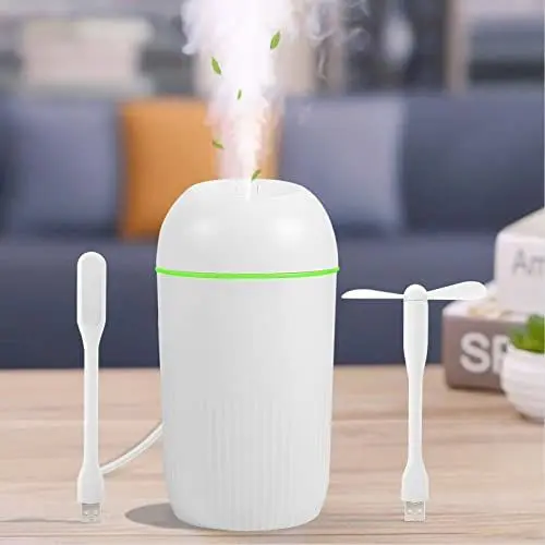 Produktbild: Luftbefeuchter 420ML,Ultraschall USB Desktop Mini Air Humidifier mit USB-Schnittstelle,Bunter Cooler Nachtlichtfunktion,Automatische Abschaltung für Auto,Schlafzimmer,Büro(Weiß+Ventilator+Leselampe)