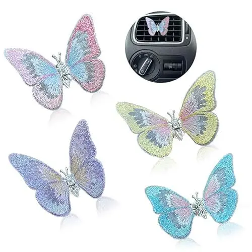 Produktbild: Lufterfrischer Auto, 4 Stück Diffuser Schmetterling Deko Mini Car Diffusor Autodeodorant mit 4 Dufttabletten Autozubehör für Mittelkonsole und Luftauslass (Rosa, Gelb, Lila, Blau)