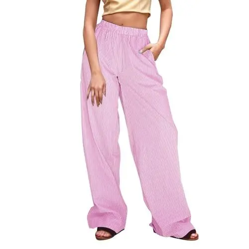 Produktbild: Luftige Sommerhose Damen-Hose mit weitem Bein, gestreift, lässig, Straße, modisch, Baggy-Hose mit hoher Taille Schwarze Hose Damen Elegant Jeans Wide Leg Damen (Pink, S)