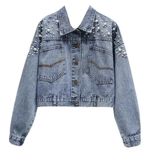 Produktbild: LUIFEL Frauen übergroße Jeansjacke Bestickte Perlen Perlen Jeans Mantel Motorrad Jacken, blau, 46