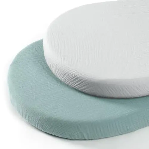 Produktbild: lulumoon Musselin Stubenwagen Spannbettlaken Set: Kinderwagen Matratzenbezug für Beistellbett und Wiege 100% Baumwolle 90x40cm 2er Pack (Grau Grün)