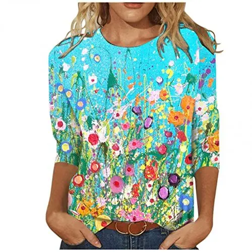 Produktbild: Lulupi Damen T-Shirt 3/4 Arm Oberteile Tops Bunte Blumenmuster Druck Tunika Shirt Lose Rundhals Sommershirts Mode Damenblusen Langarm Blumen Bluse Tshirt
