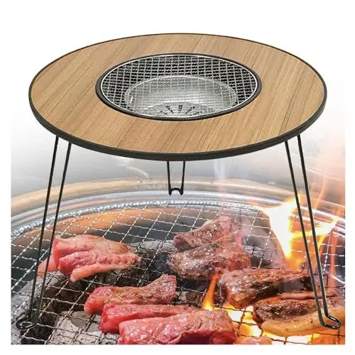 Produktbild: LUMIN TUTU - Holzkohlegrill Grilltisch Klapptisch für Camping und Garten Rund, 60x60 cm BBQ Grillgestell für Grill, Innen- und Außenbereich Holzkohlegrill mit Camping-Funktion für 5 Personen