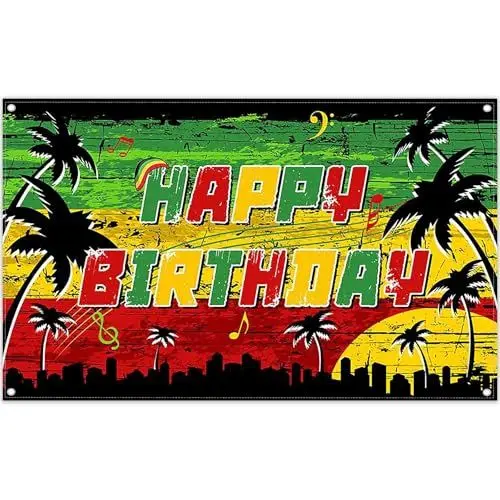 Produktbild: Luminora 1,82 x 1,1 m Reggae-Musik-Hintergrund Happy Birthday, Sommer, Tropische Palmen, Jamaika, Rasta-Hintergrund, Sonnenuntergang, Party-Dekorationen, Fotostudio-Requisiten