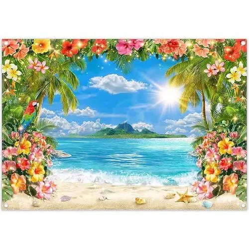 Produktbild: Luminora 2,1 x 1,5 m Sommer-Fotografie-Hintergrund mit hawaiianischem Strand, tropischen Palmen, Blumenmuster, Meereshintergrund, Luau-Aloha-Party-Dekorationen, Foto-Banner-Requisiten